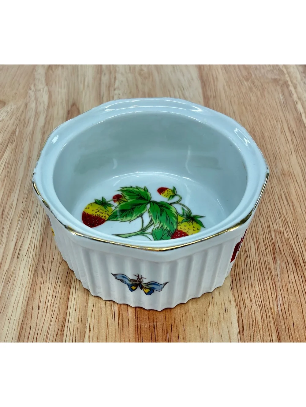 Vintage Mid Century Strawberry & Butterfly Porcelain Ramekin Gold Trim Japan